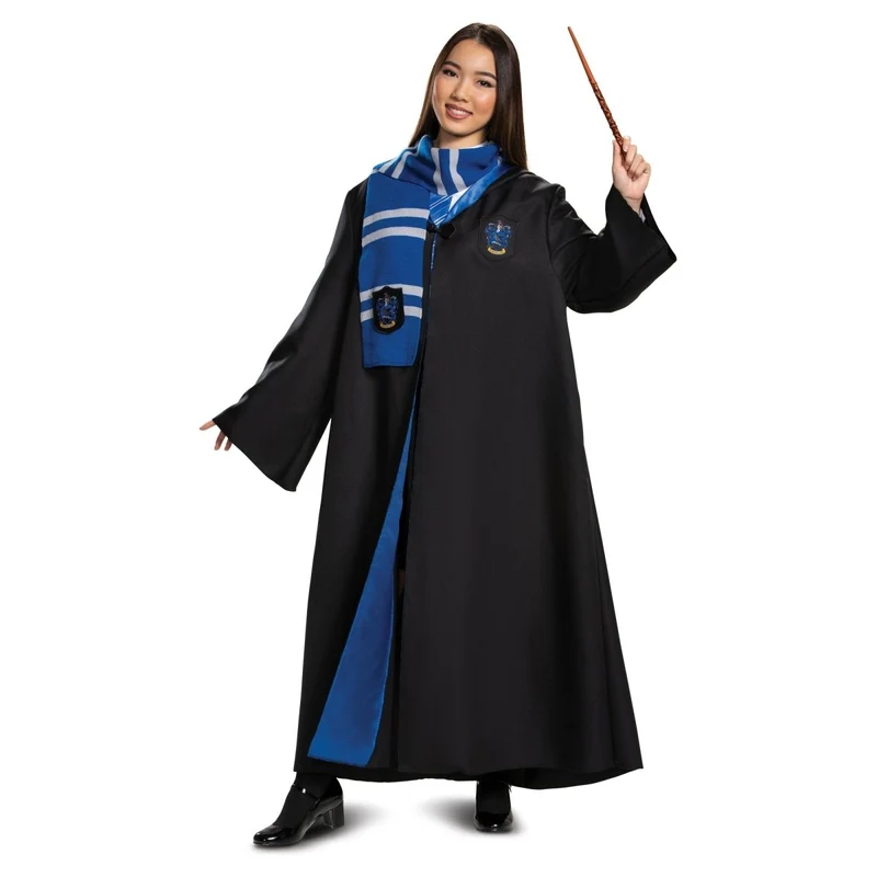 Harry Potter Ravenclaw Deluxe Robe Costume for Adults, Black and Blue Satin Robe