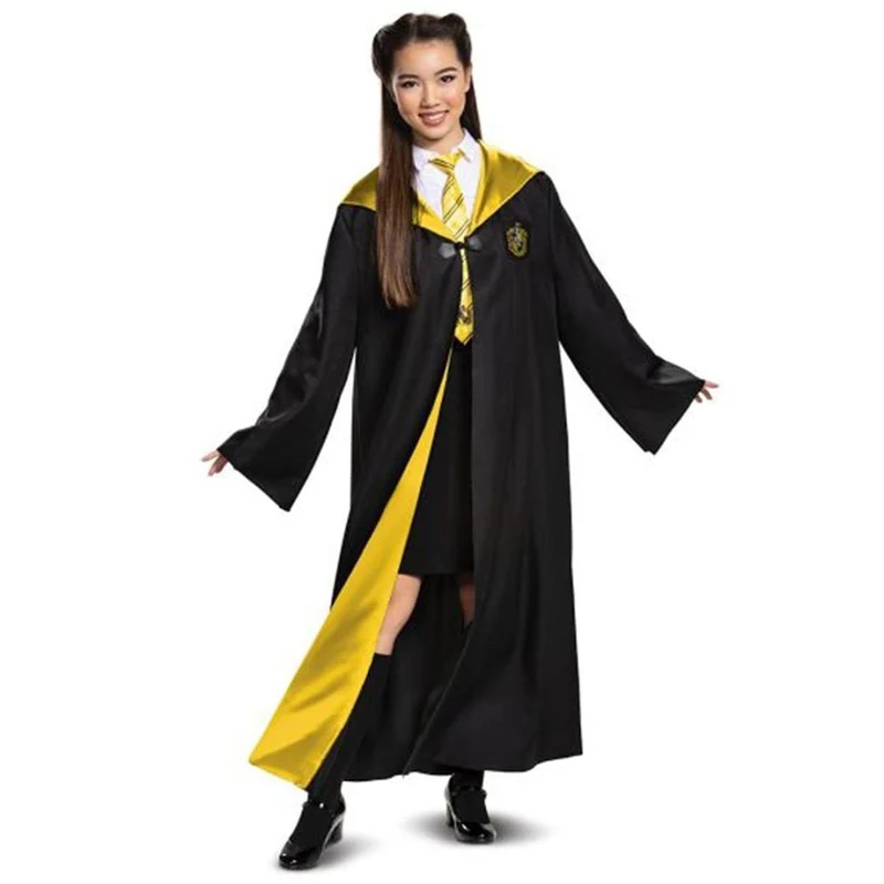 Harry Potter Hufflepuff Deluxe Robe for Adults, Black and Yellow Satin Robe