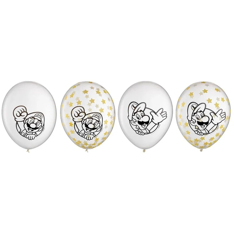 Super Mario Bros Birthday Party Clear Latex Balloons with Stars, 6 Count