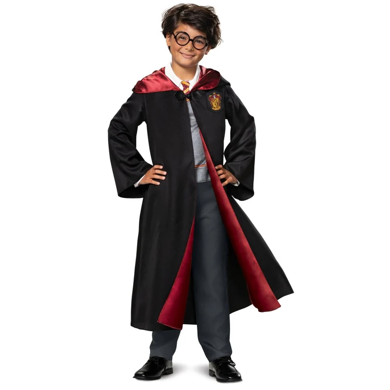 Harry Potter Gryffindor Deluxe Robe Costume for Kids, Black and Red Satin Robe with Jumpsuit