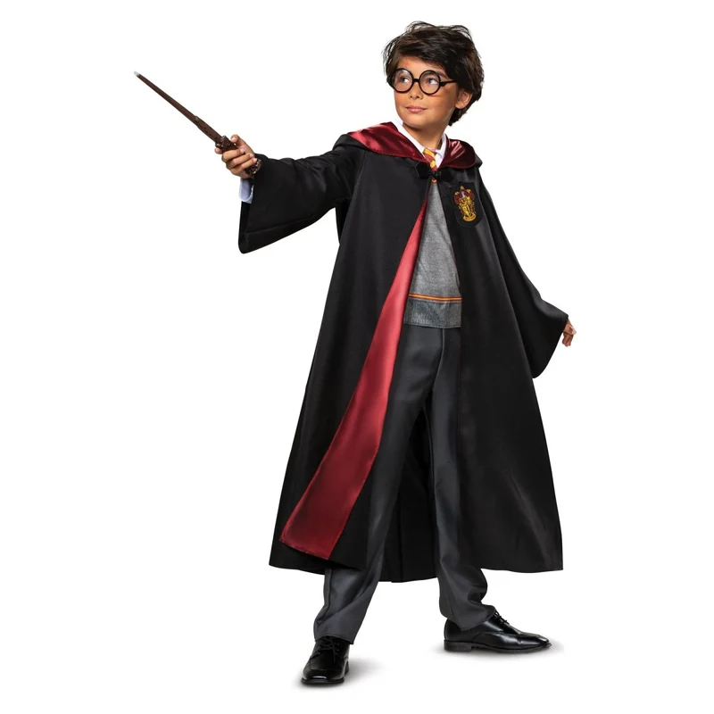 Harry Potter Gryffindor Deluxe Robe Costume for Kids, Black and Red Satin Robe with Jumpsuit