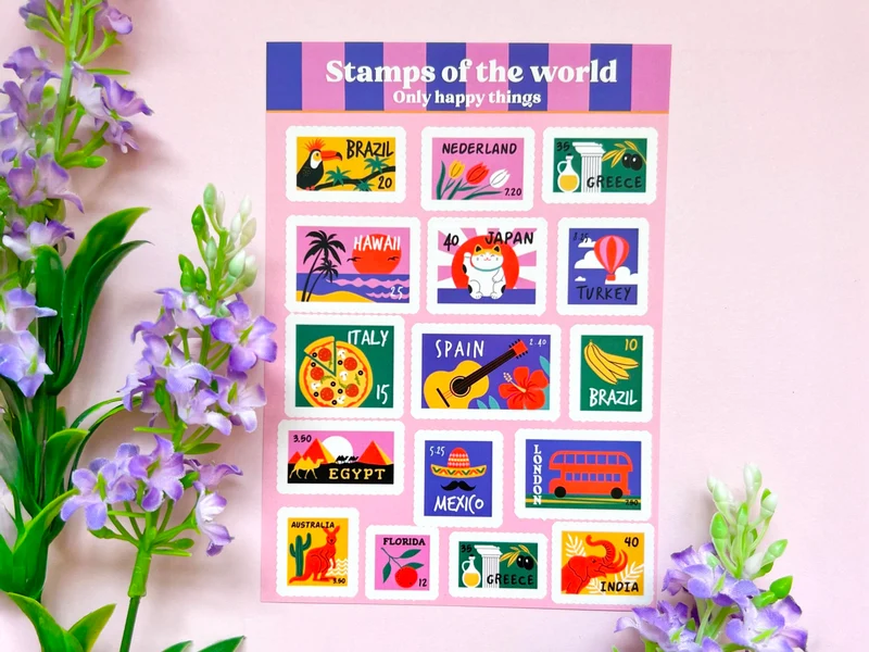 Planche de Stickers Stamps of the world - Only Happy Things