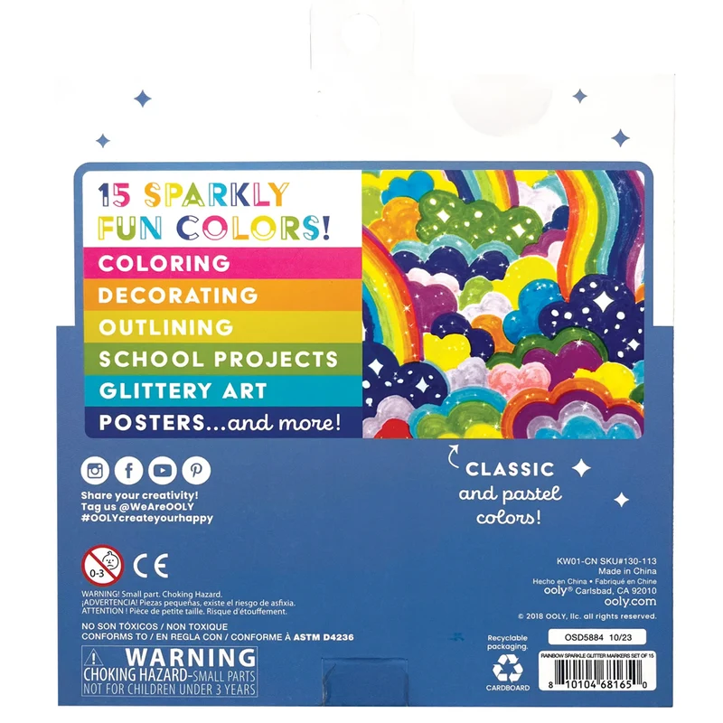 Rainbow Sparkle Glitter Markers - Set of 15
