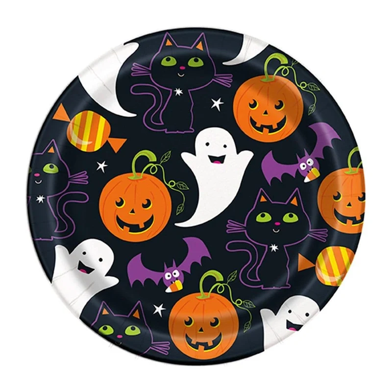 Cat & Pumpkin Paper Plates 7 Inches, 8 per Package