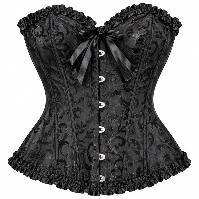Black Satin Brocade Lace Up Back Corset for Adults