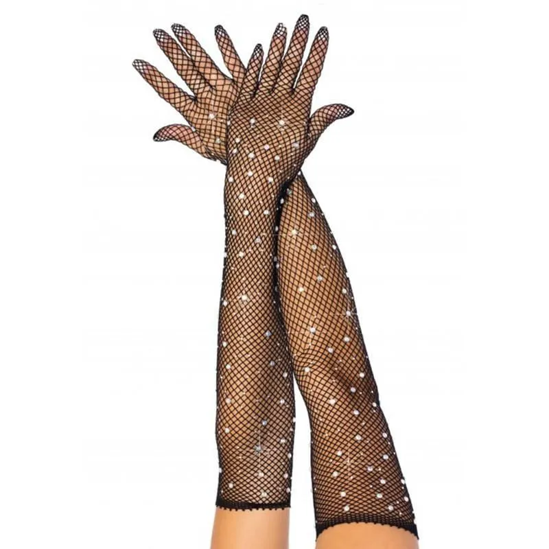Black long fishnet gloves with rhinestones for adults