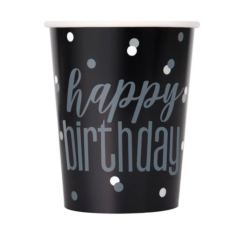 Happy Birthday Black/Silver - Cups 9 Oz. 8/pkg