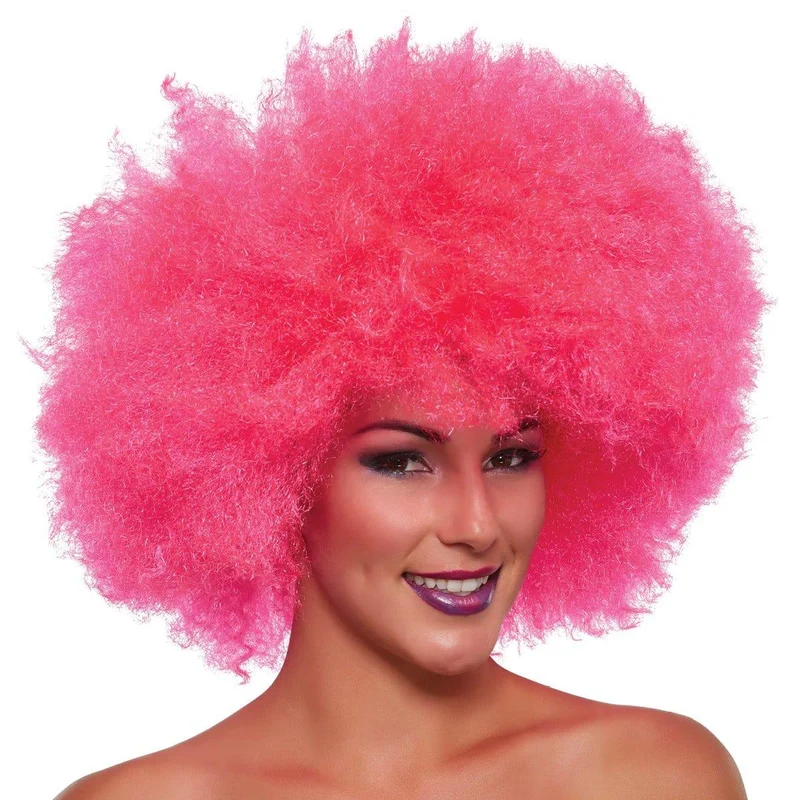 Neon pink Super Freak Afro wig for adults