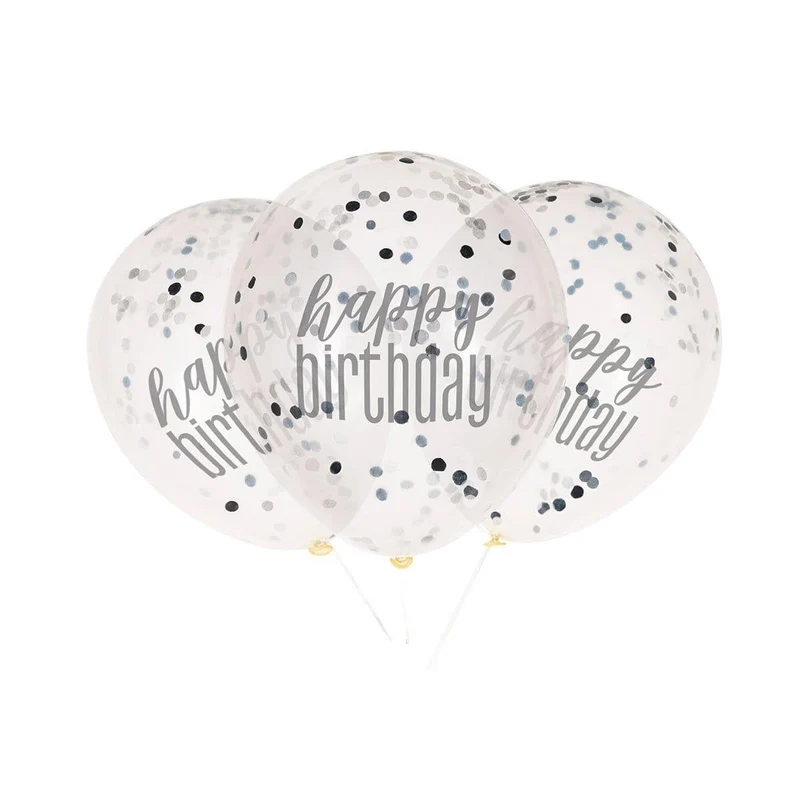 Happy Birthday Black/Silver - Latex Balloon W/Confetti 6/pkg