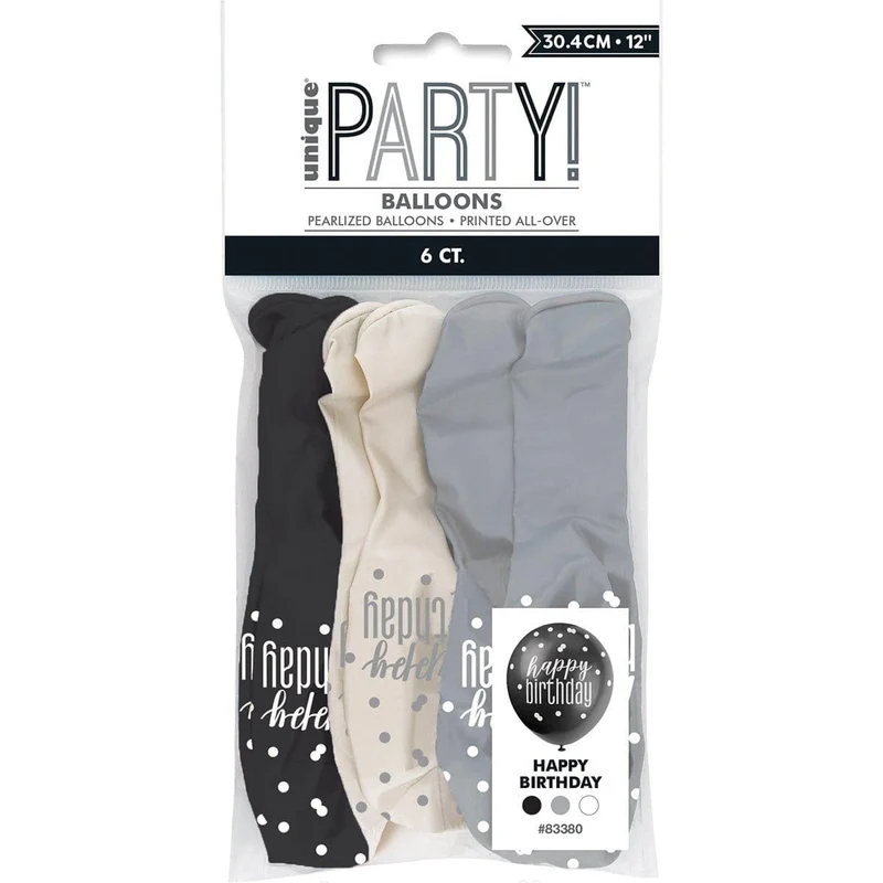 Happy Birthday Black/Silver - Latex Balloon 6/pkg