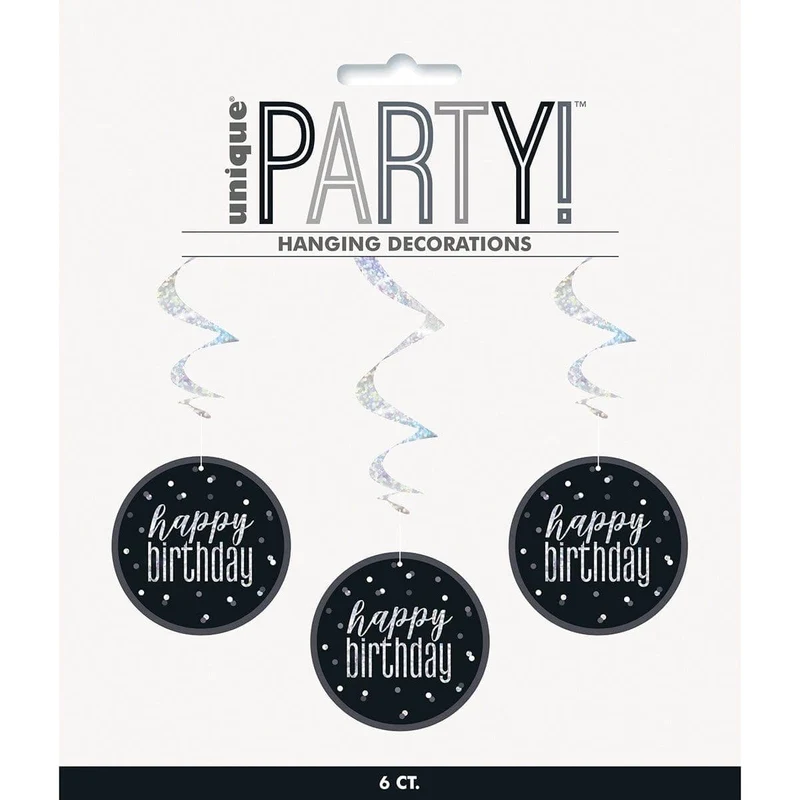 Happy Birthday Black/Silver - Swirls 6/pkg