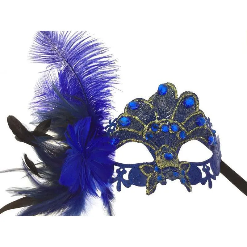 Royal blue mask with feather