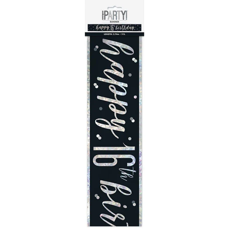 Happy Birthday Black/Silver - Foil Banner - 16th
