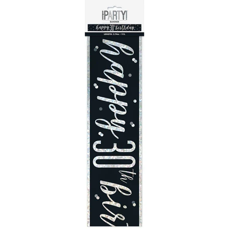 Happy Birthday Black/Silver - Foil Banner - 30th