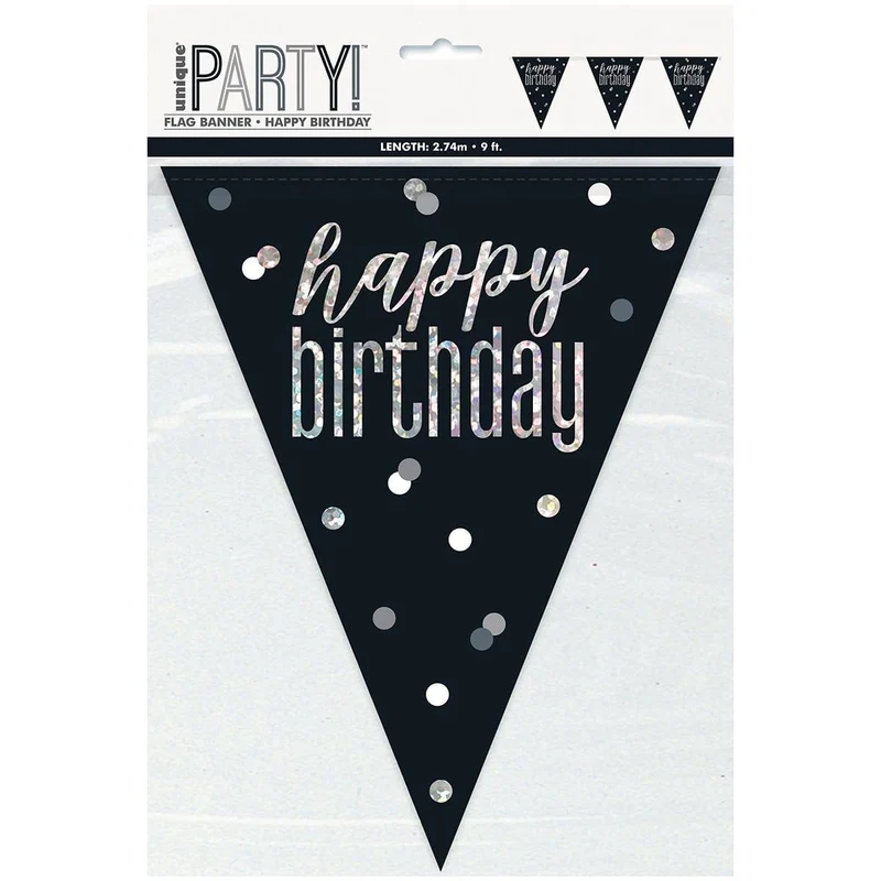 Happy Birthday Black/Silver - Pennant Banner