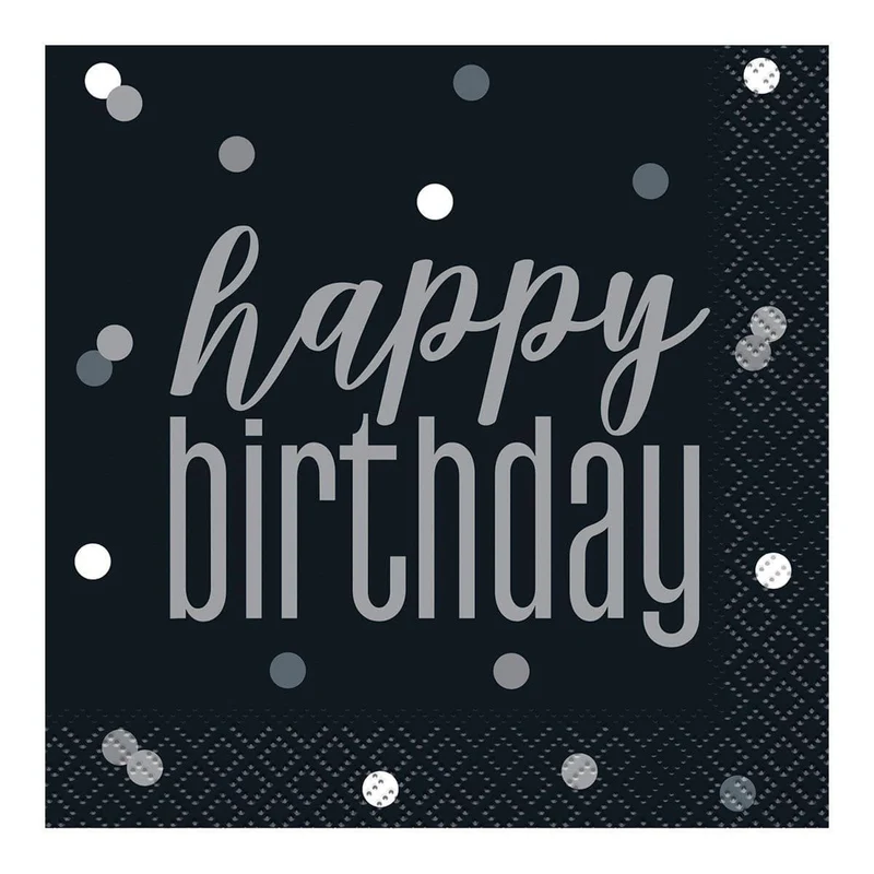 Happy Birthday Black/Silver - Beverage Napkins 16/pkg