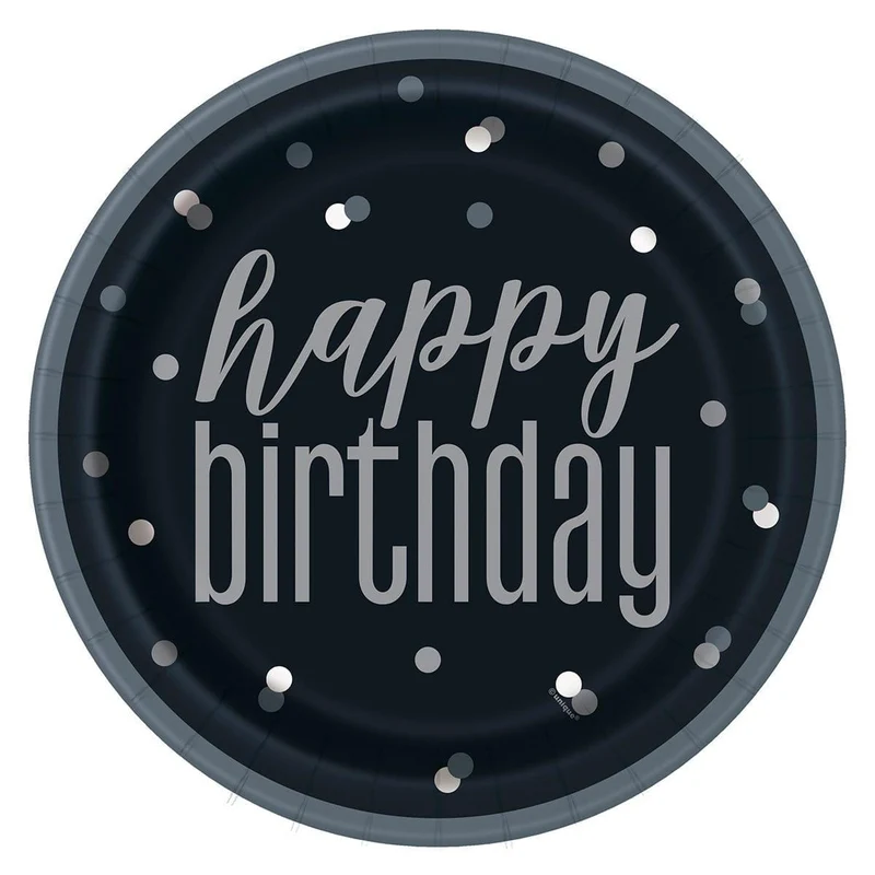 Happy Birthday Black/Silver - Plates 9 In. 8/pkg