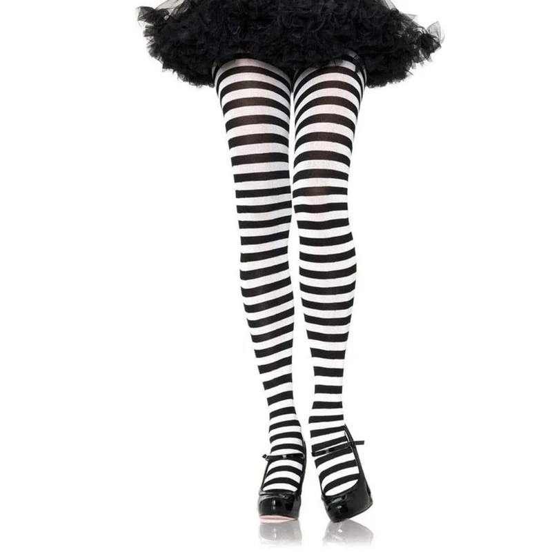 Black & white striped nylon tights for women
