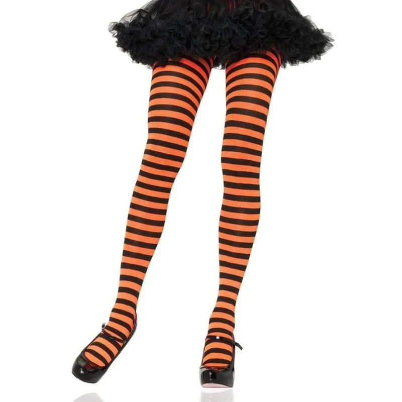 Black & orange striped nylon tights for women