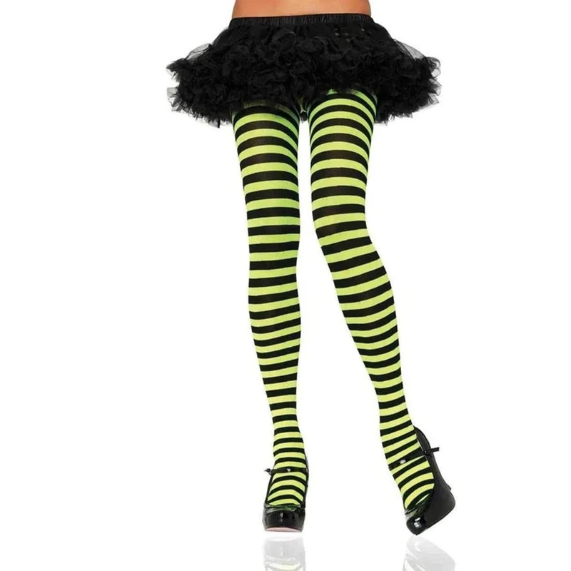 Black & lime striped nylon tights for women