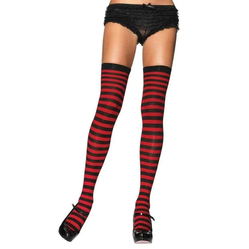 Black & red striped nylon thigh high socks for women