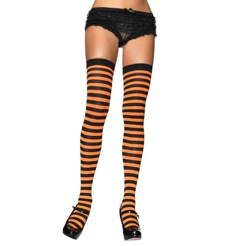 Black & orange striped nylon thigh high socks for women
