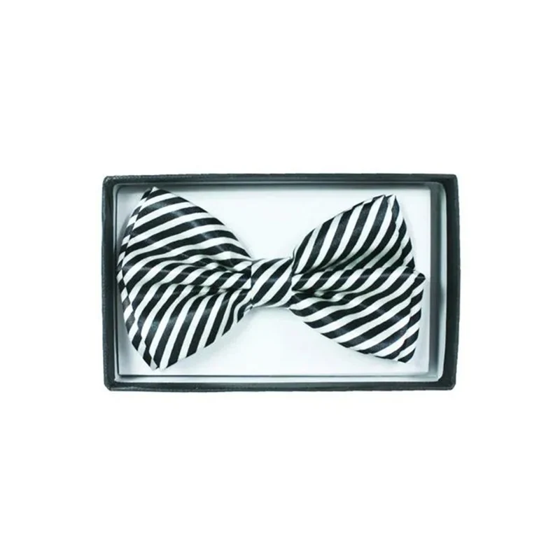 Black and white striped bow tie