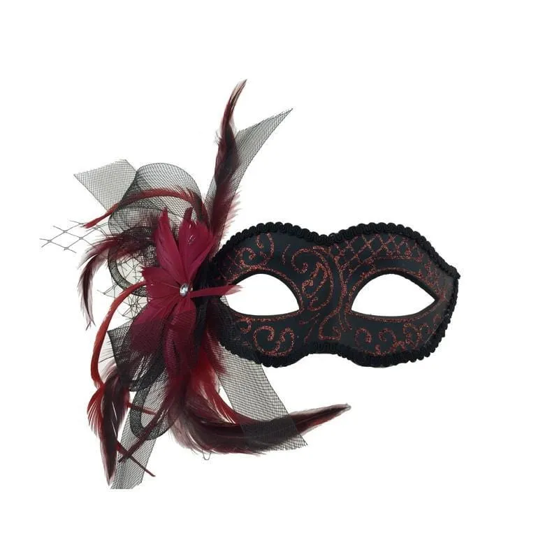 Black and red venetian mask with feather
