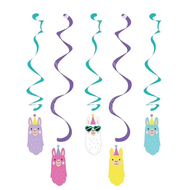 Llama Party swirl decorations, 5 per package