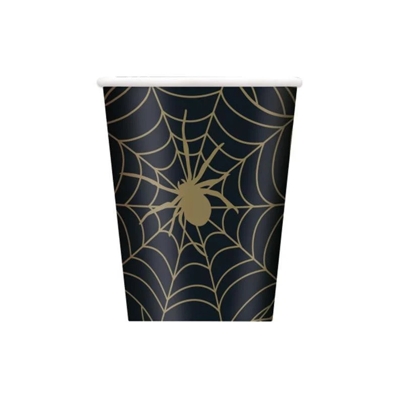 Black & Gold Spider Web paper cups 9 ounces, 8 per package