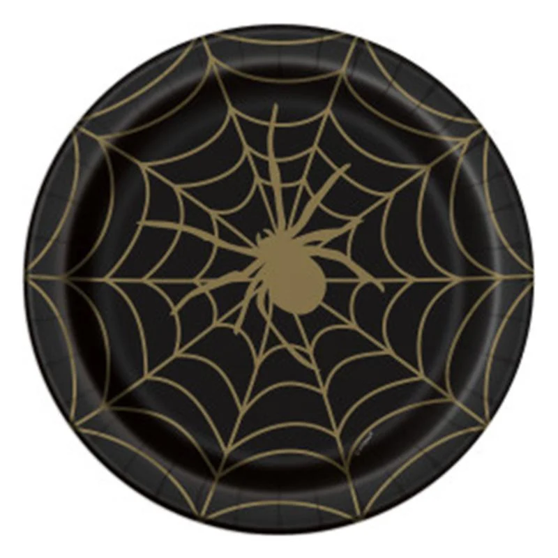 Black & Gold Spider Web paper plates 9 inches, 8 per package
