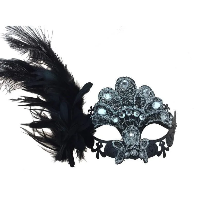 Black & silver laced venetian mask with feathers