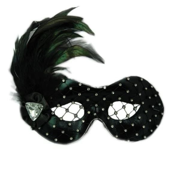 Black venetian mask with rhinestones and feathers