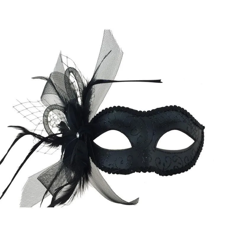 Black venetian mask with feather