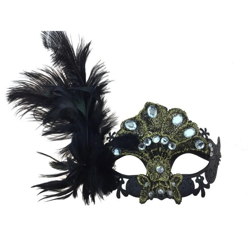 Black & gold laced venetian mask with feathers