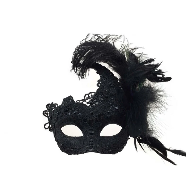 Black venetian mask with feathers and brocade lace
