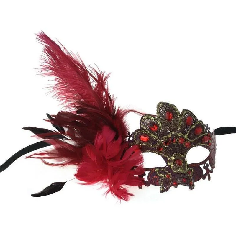 Burgundy mask with feather
