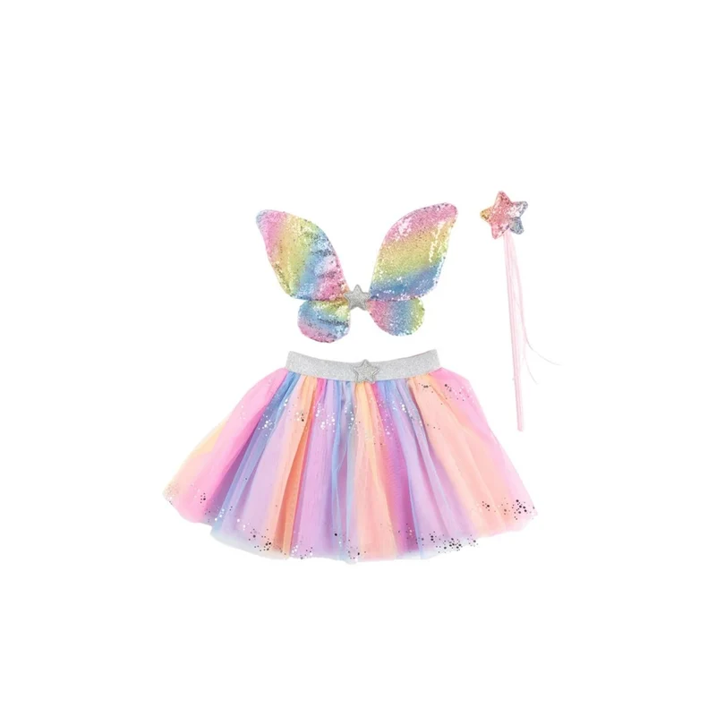 Rainbow Sequins Royal Fairy Princess Skirt Set for Kids, Skirt, Wand and Wings