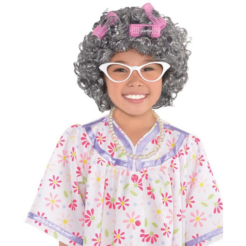 Grandma Accessory Kit for Kids, Wig, Glasses and Necklace