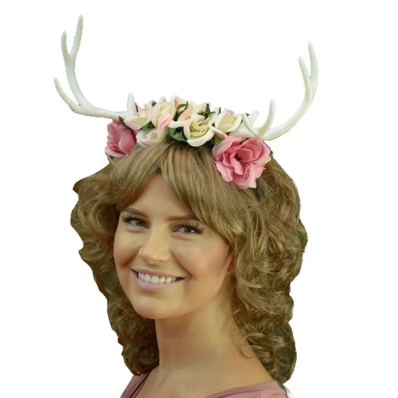 Headband with white antlers and flowers for adults