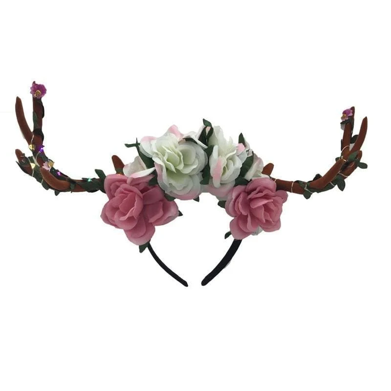 Headband with brown antlers and flowers for adults