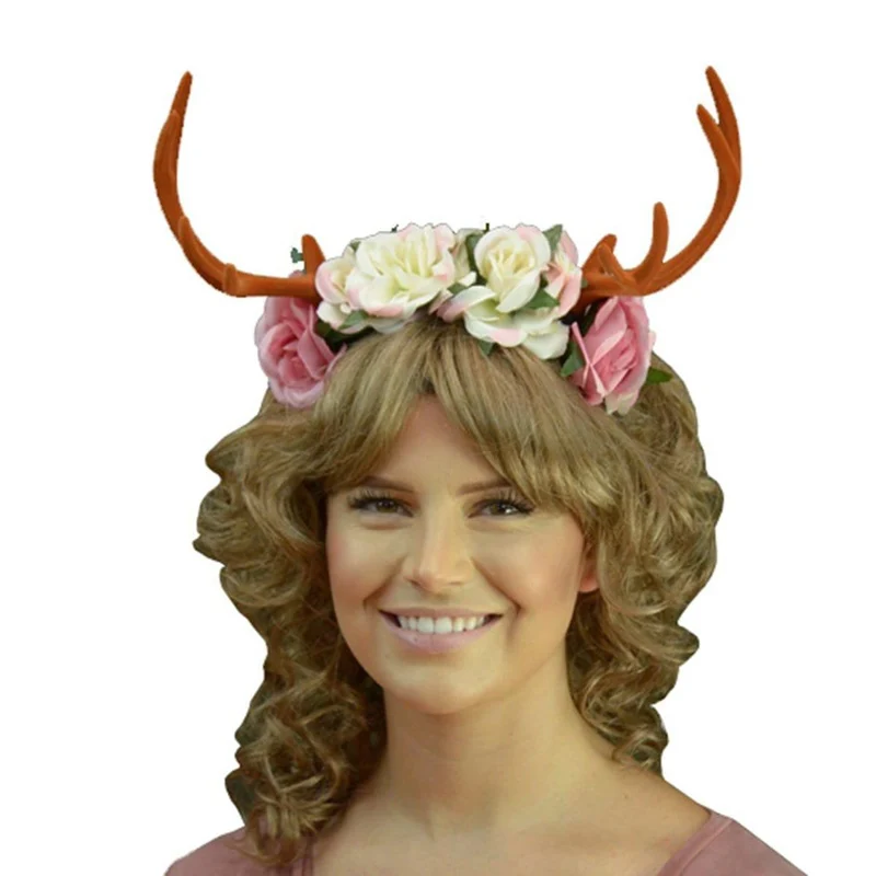 Headband with brown antlers and flowers for adults
