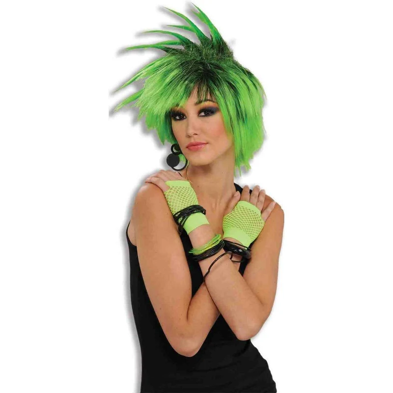 Lime green short fingerless fishnet gloves for adults
