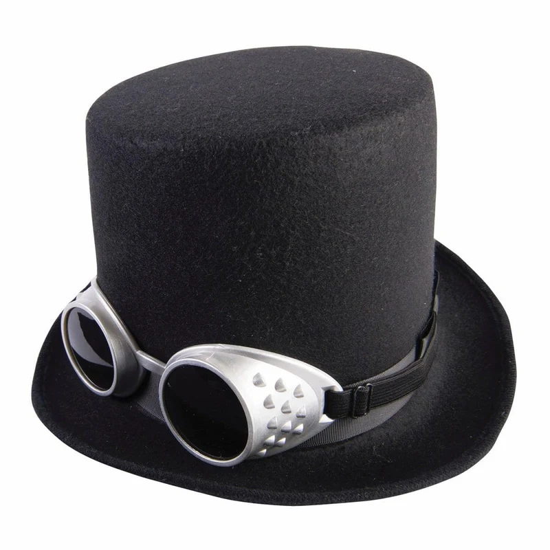 Black steampunk top hat with goggles for adults
