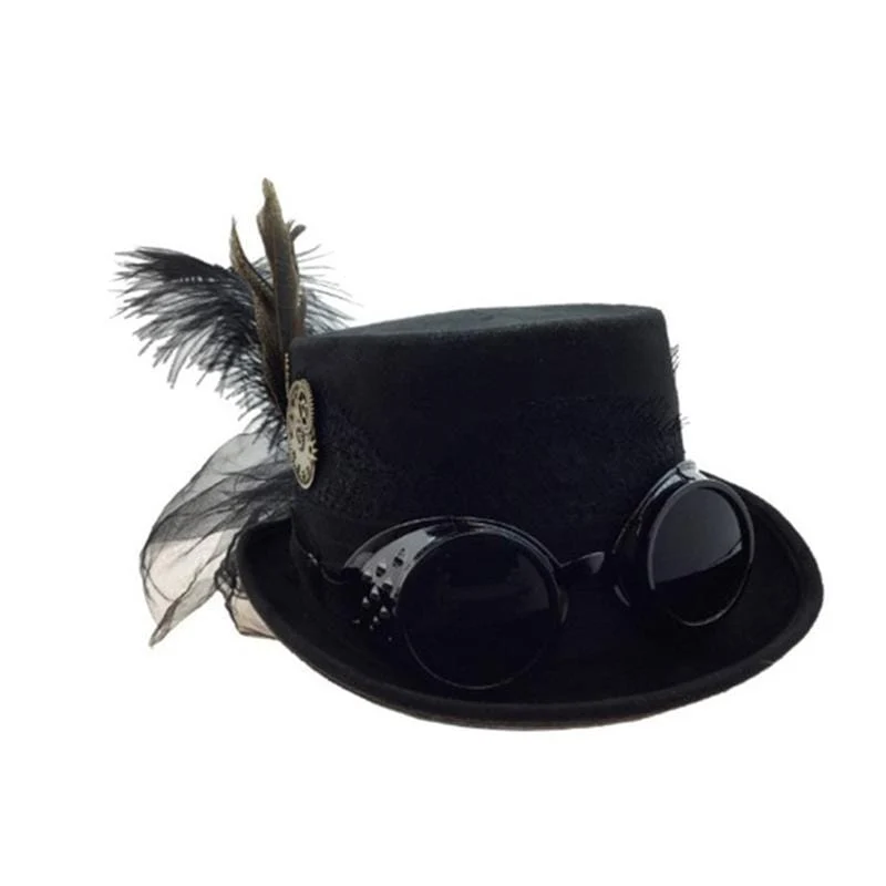 Black steampunk hat with feather for adults