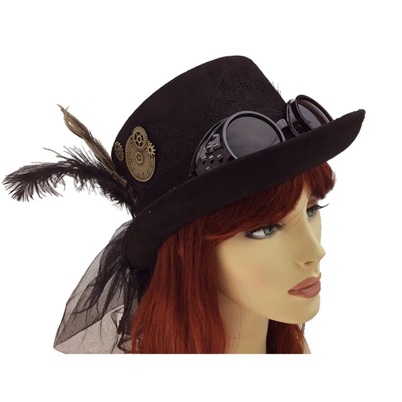 Black steampunk hat with feather for adults