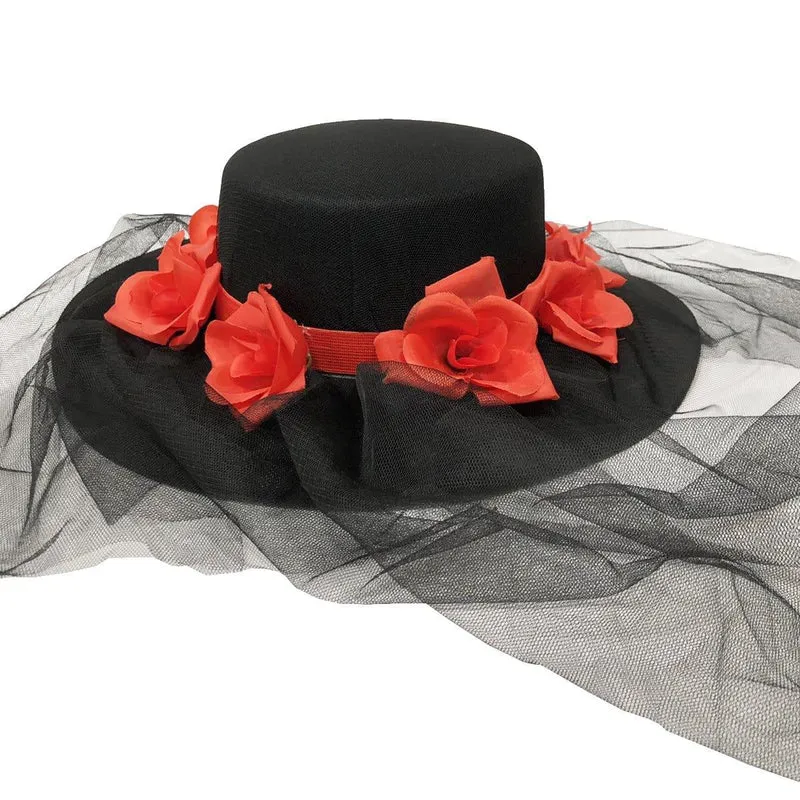 Hat with red flowers & veil for adults