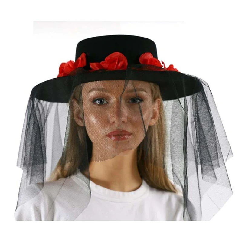 Hat with red flowers & veil for adults