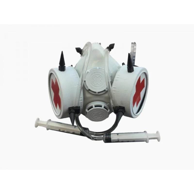 White gas mask with syringes