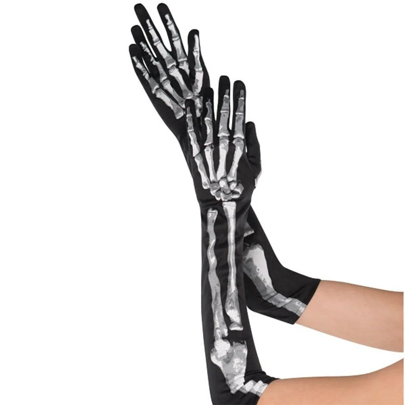 Black & bone long skeleton gloves for adults